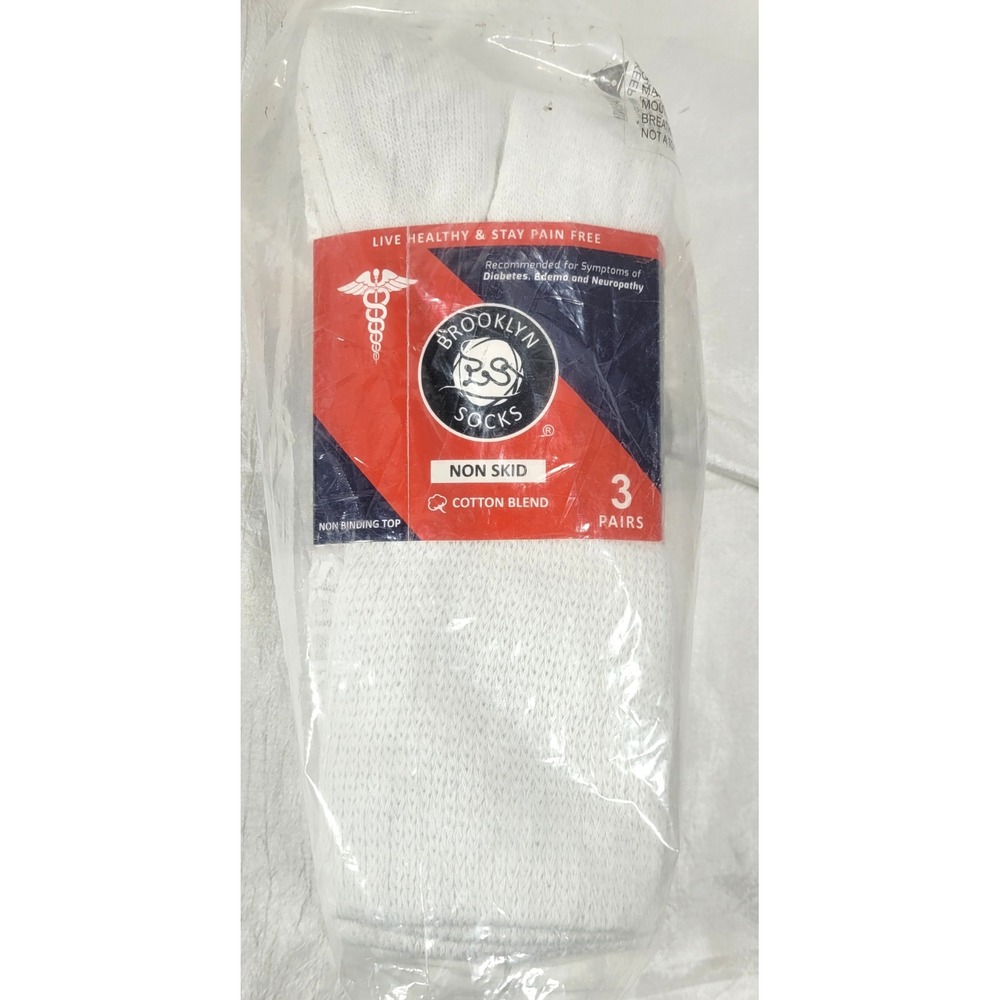 Brooklyn 3-Pack Non-Skid‎ Diabetic Crew Socks w/ Grippers - White - Shoe Sz 9-11